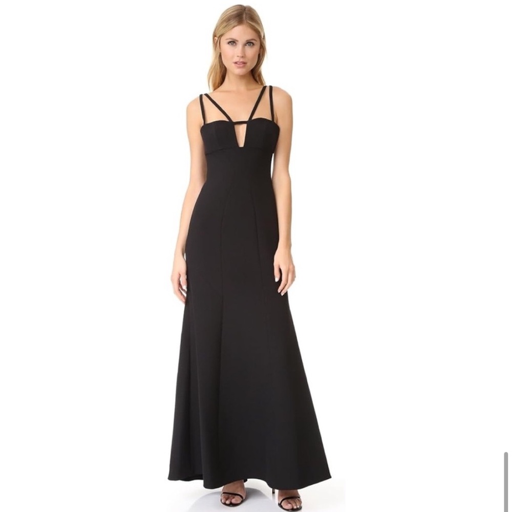 BCBGMaxAzria Leola Black Crepe Cutout Strappy Maxi Dress Gown Size 4